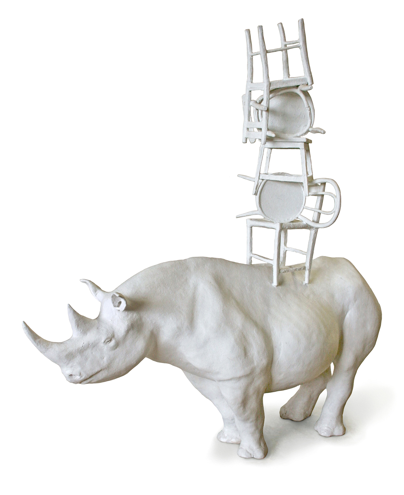 rhino with chair, white painted bronze